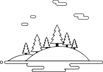 Serene island illustration with evergreen trees and gentle waves, perfect for relaxation, nature escapes, and minimalist design projects, originally a vector