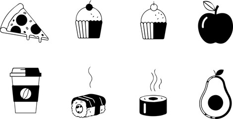 Delicious food icons collection: Sushi, pizza, coffee, cake, apple, avocado for menu designs, restaurant branding, and food-related projects