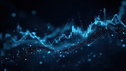 Abstract blue digital graph showing data trends, waves, and particles