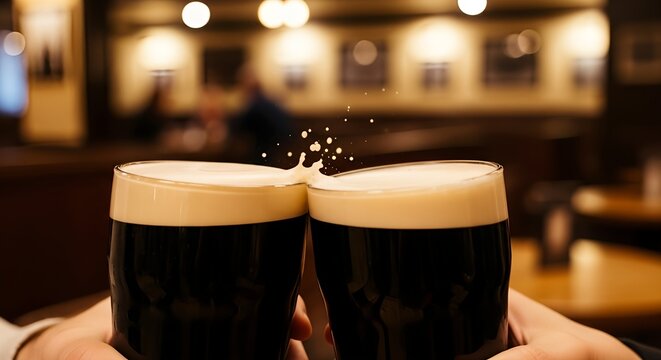 Cheers with dark stout beer in glasses, a toast with foam splashing in a pub setting