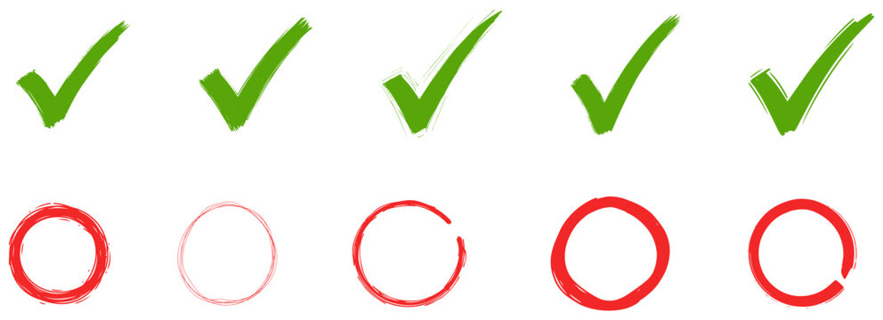 Green check marks validate, red circles reject in this hand drawn vector graphic