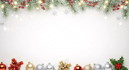 Festive Christmas background concept featuring a decorative frame of snowy fir branches, glowing lights, and colorful ornaments on a white backdrop