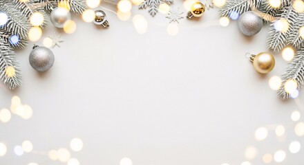 Elegant Christmas holiday border featuring frosted fir branches, festive silver and gold ornaments, and soft bokeh lights on a white background