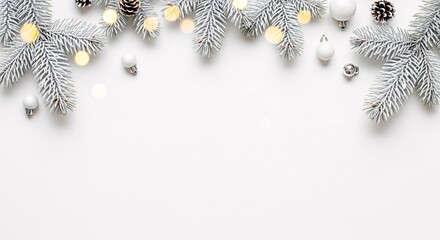 Festive Christmas background with snow-covered fir tree branches, silver ornaments, and glowing lights on a white tabletop with copy space