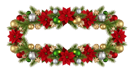 Christmas Garland Oval Frame with Poinsettias Ornaments and Pine Needles.