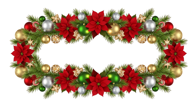 Christmas Garland Oval Frame with Poinsettias Ornaments and Pine Needles.