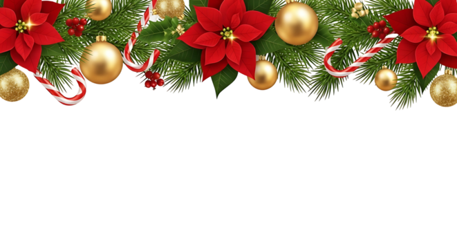 Christmas holiday border with red poinsettia and gold baubles.