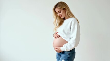 A happy pregnant woman gently holds her bare belly while standing in a bright room. Young expectant mother smiling with joy. Maternity, new life, and happy anticipation concept - Powered by Adobe