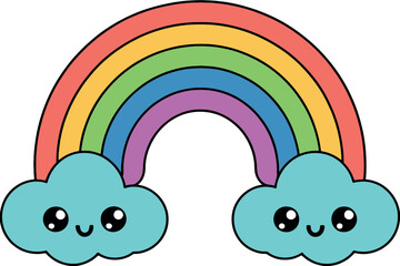 Naklejka premium A colorful rainbow arches over two cute, smiling clouds with big eyes.