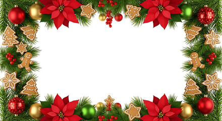 Christmas wreath with red poinsettias and ornaments.