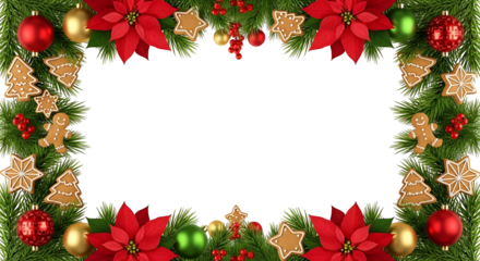 Christmas wreath with red poinsettias and ornaments.