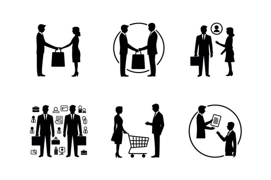 Six simple icons depict business and shopping interactions between people.
