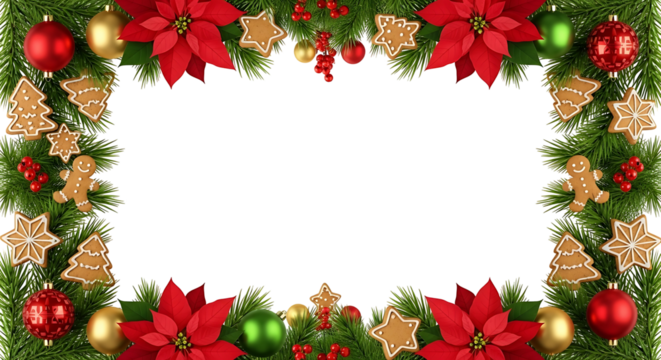 Christmas wreath with red poinsettias and ornaments.