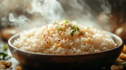 Steaming Rice Delight: A tantalizing close-up captures the allure of a freshly prepared, aromatic dish of fluffy rice, inviting the viewer to savor its exquisite flavors and textures.