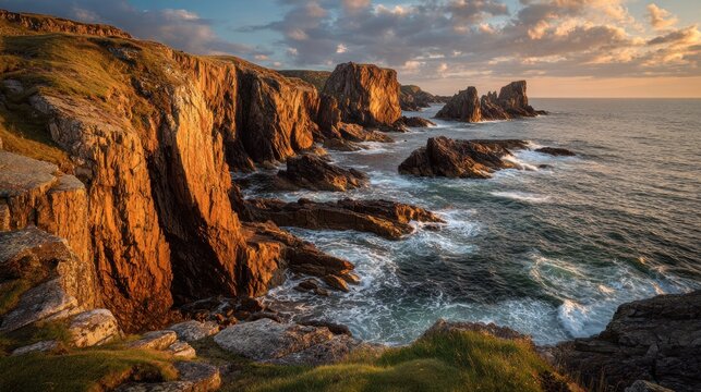 Coastal cliffs meet ocean under a vibrant sky scenic landscape view