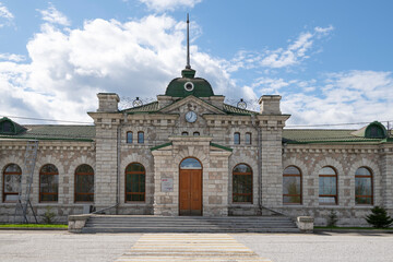 Facade of old railway station building. Slyudyanka, Irkutsk region, Russia