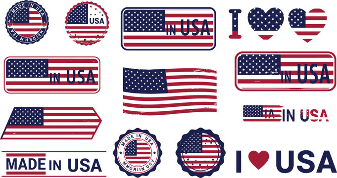 Made in USA graphics, patriotic emblem collection, American flag vector set, heart design illustration, cad drawing flat vector illustration, branding icons