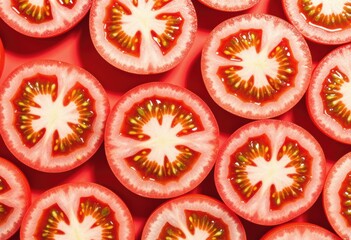 Freshly sliced tomatoes arranged beautifully on a vibrant background