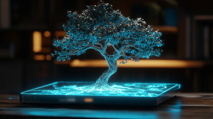 Holographic tree sprouts digitally in glowing light, symbolizing growth, technology, innovation, sustainability, and the fusion of nature with futuristic digital worlds.
