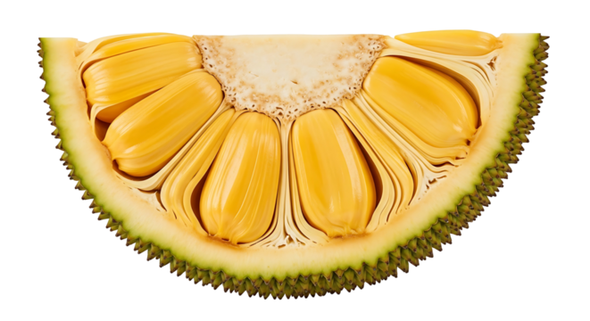Cross section of a ripe jackfruit showing its yellow fleshy bulbs and seeds.