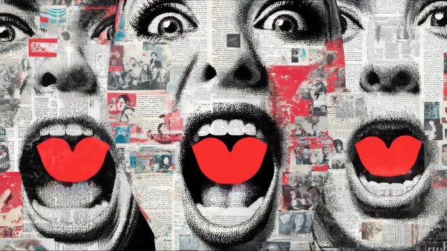 Contemporary art collage featuring screaming mouths. Communication concept, public opinion, public speaking, society, media. Message. Social media announcing