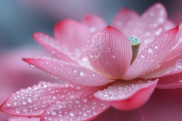 Fototapeta premium Lotus Bloom: A close-up view unveils a delicate lotus flower in full bloom, its petals radiating a soft pink hue and adorned with glistening dewdrops, evoking a sense of tranquility and purity.