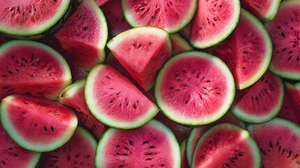 Freshly sliced watermelon pieces arranged in a vibrant display, showcasing juicy red flesh and green rind, perfect for summer refreshment and healthy snacking options