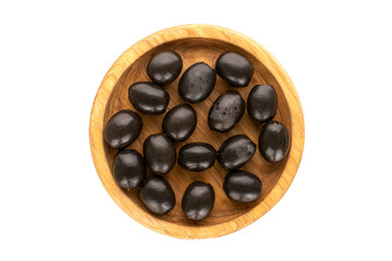 Canned black pitted olives on a white background, top view.