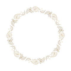 Golden foliage frame. Ornamental circular leaf wreath with graceful line pattern