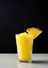 A vibrant yellow pineapple smoothie in a clear glass, garnished with a fresh slice of pineapple, perfect for a refreshing tropical treat ,fruit ,blended ,healthy options