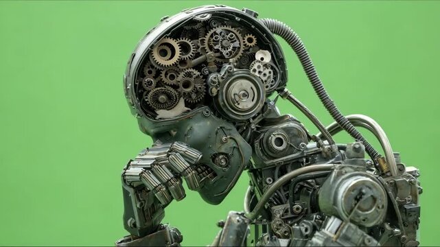 Artificial Intelligence, Robot Brain, Technology, Isolated Green Screen. A robot machine with an industrial artificial intelligence technology brain. Moving mechanical parts create a surreal steampunk