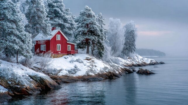 Red house nestled in snowy landscape by calm water under a cloudy sky