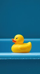 A vibrant yellow rubber duck floating peacefully in a clean, blue bathtub, suggesting relaxation, fun, and childhood memories ,childhood ,floating ,bathroom