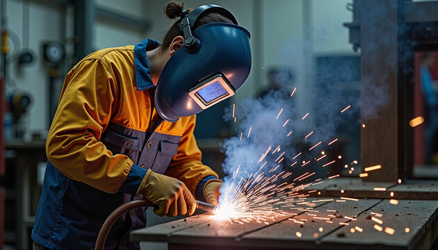 Skilled worker welding metal with protective gear in a workshop, surrounded by sparks
