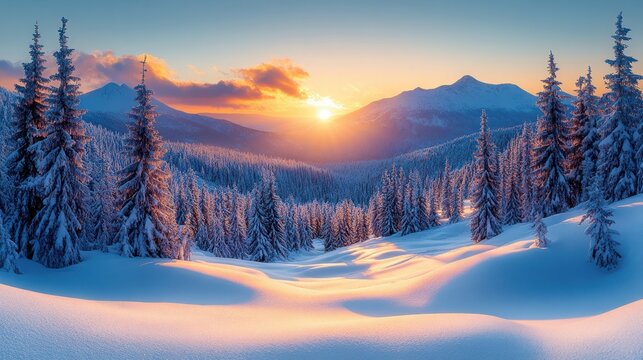 Winter Wonderland Sunrise: A breathtaking vista unfolds as the first rays of sunlight paint the snowy mountain peaks and snow-covered trees with vibrant colors. - Powered by Adobe