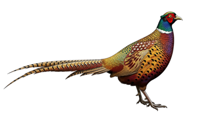 Elegant pheasant displaying vibrant plumage against a white backdrop.