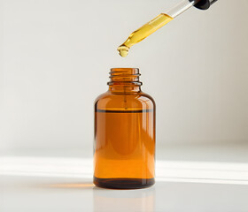 Amber essential oil bottle with glass dropper.