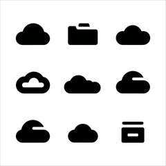 Set of nine black cloud computing icons and storage icons on a