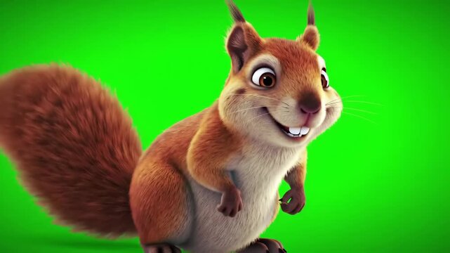 Cute cartoon squirrel with big eyes and fluffy tail on green screen background.