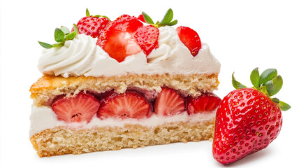 Perfect slice of classic strawberry shortcake layered with vanilla sponge, whipped cream, and fresh strawberries, isolated on white.