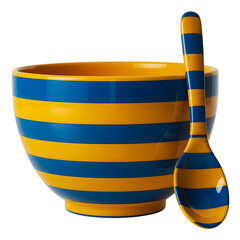 Ceramic breakfast bowl and matching spoon featuring vibrant blue and yellow horizontal stripes isolated on transparent background