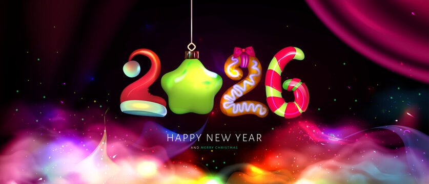 Realistic funny Rainbow multicolored design from numbers in the shape сolorful decorations for Merry Christmas postcard for 2026.Festive 2026 New Year Celebration with Christmas Ornaments and glitter