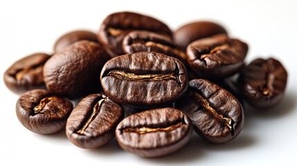 Naklejka premium Roasted Coffee Beans Close-up: Aromatic coffee beans, carefully roasted to perfection, forming a rich, textured pile, offering a tantalizing glimpse into the source of a beloved morning ritual.