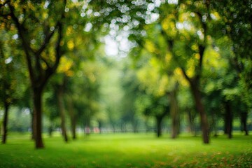 Naklejka premium Dreamy, soft-focus view of sun-dappled trees and green grassy park setting