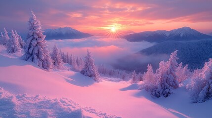 Winter's Gentle Dawn: An enchanting view unfolds, where snowy peaks meet a lavender sky. The sun ascends, casting a soft glow, as snow-laden pines watch over this serene winter wonderland.