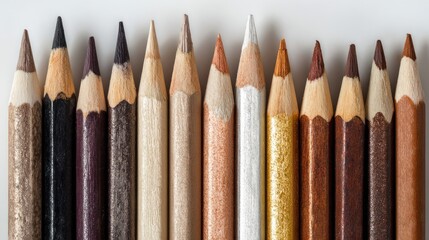 Close up of multicolored pencils arranged against a clean white background