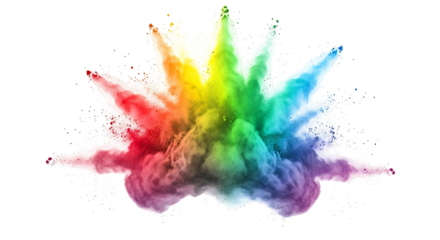 Explosion of Vibrant Rainbow Colored Powder on White Background.