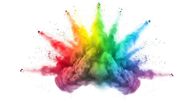Explosion of Vibrant Rainbow Colored Powder on White Background.