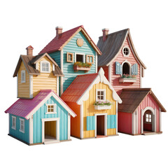 Charming cluster of colorful miniature houses with pastel siding and various roof textures isolated on transparent background