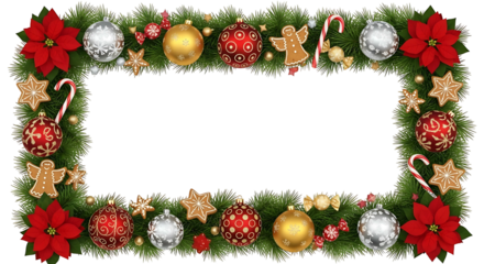 Festive Christmas Frame with Ornaments and Poinsettias for Holiday Greetings.